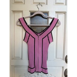 Cache Vintage Pink Silk Blend Ribbed Knit Zip V-Neck Sleeveless Top Size Small